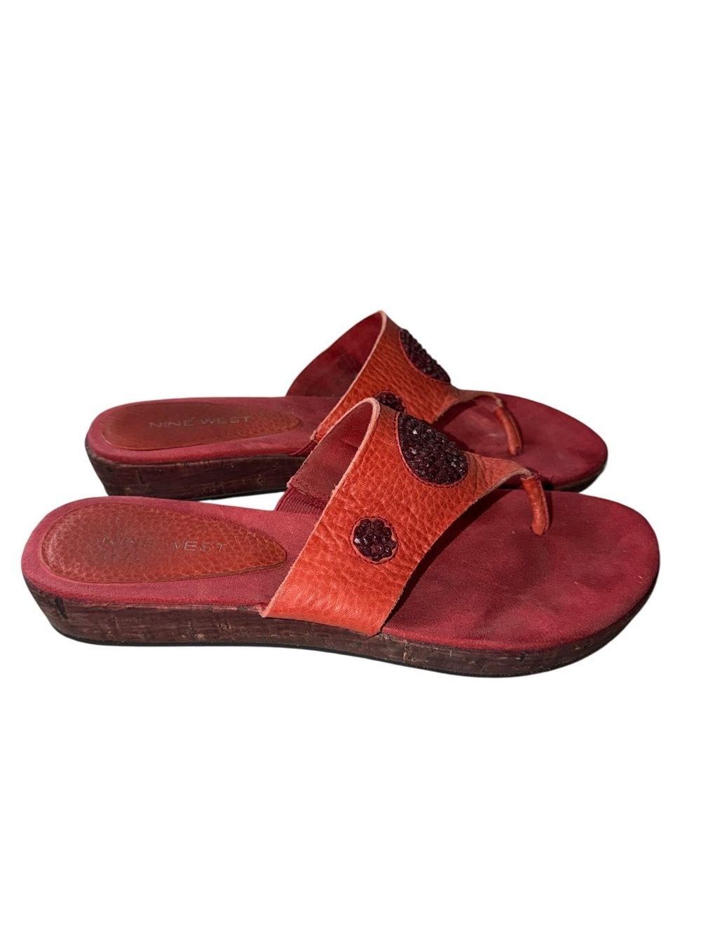 Nine West Orange-Red Leather Toe-Post Sandals